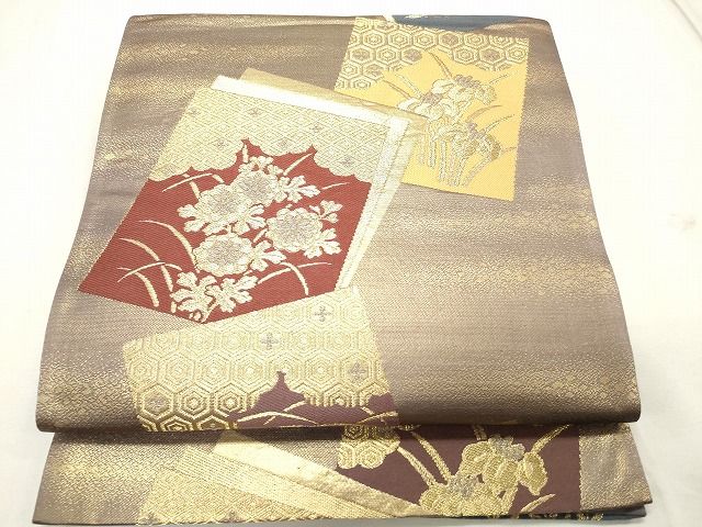 平和屋着物◎六通柄袋帯 色紙重ね草花文 金糸 逸品 CAAG5529ak