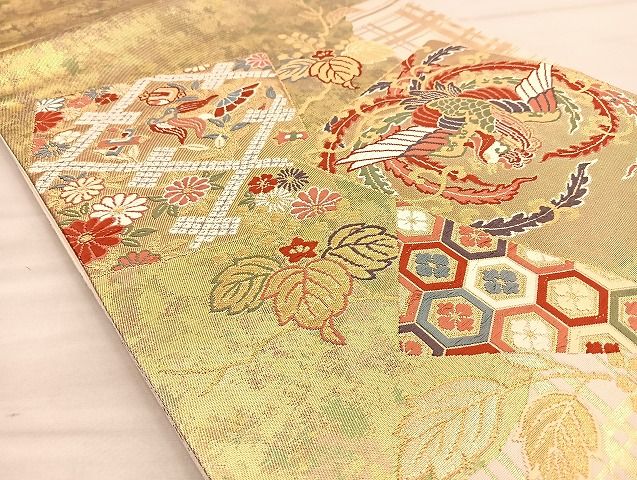 平和屋着物■六通太鼓柄袋帯 唐織 鳳凰色紙重ね花文 金糸 引箔 逸品 BAAK2443ea