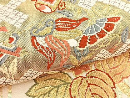 平和屋着物■六通太鼓柄袋帯 唐織 鳳凰色紙重ね花文 金糸 引箔 逸品 BAAK2443ea