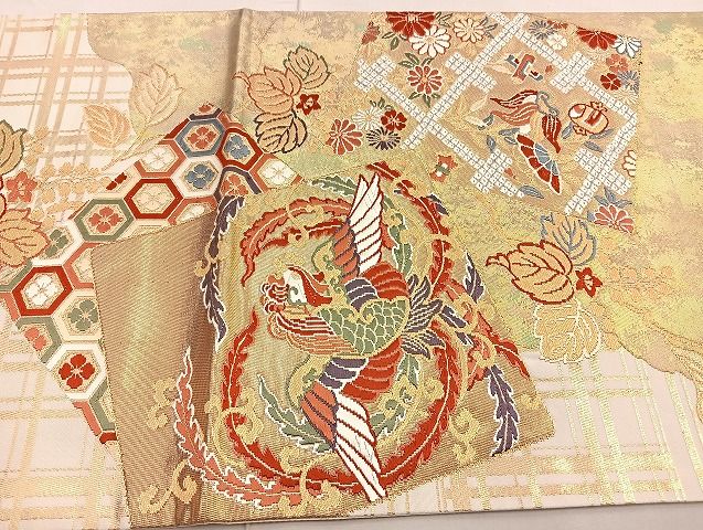 平和屋着物■六通太鼓柄袋帯 唐織 鳳凰色紙重ね花文 金糸 引箔 逸品 BAAK2443ea