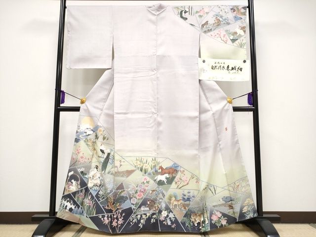 平和屋本店■極上　十日町　加賀草木友禅の第一人者　田村哲彦　訪問着　赤城紬　干支絵巻　証紙付き　逸品　未使用　CYAA0800s4