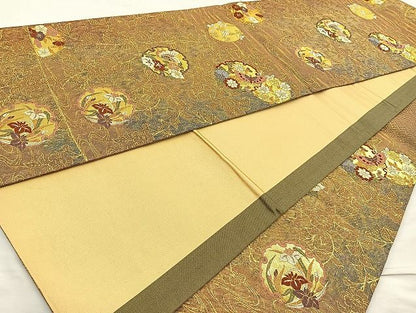 平和屋着物◎六通柄袋帯 唐織 雪輪花蝶文 金糸 逸品 BAAK6079cm