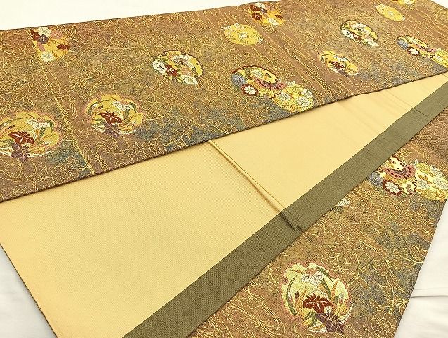 平和屋着物◎六通柄袋帯 唐織 雪輪花蝶文 金糸 逸品 BAAK6079cm