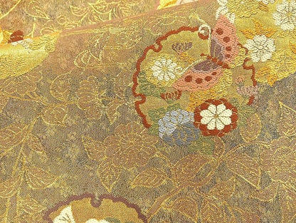 平和屋着物◎六通柄袋帯 唐織 雪輪花蝶文 金糸 逸品 BAAK6079cm