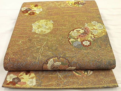 平和屋着物◎六通柄袋帯 唐織 雪輪花蝶文 金糸 逸品 BAAK6079cm