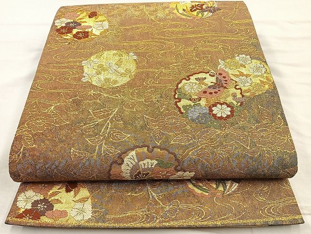 平和屋着物◎六通柄袋帯 唐織 雪輪花蝶文 金糸 逸品 BAAK6079cm