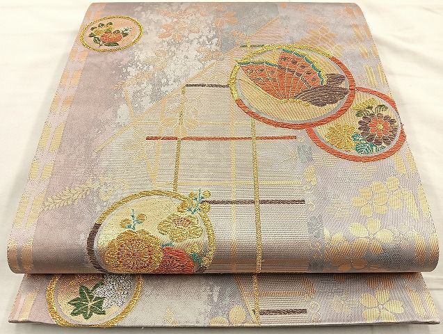 平和屋着物◎六通柄袋帯 花蝶丸文 金銀糸 逸品 BAAK6080cm
