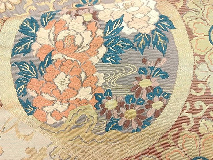 平和屋着物◎六通柄袋帯 唐織 切嵌花丸文 金糸 逸品 BAAK6101cm