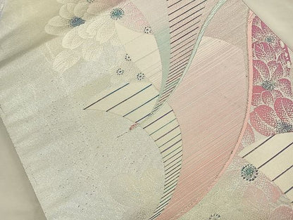 平和屋着物◎六通柄袋帯 唐織 飛鶴花文 銀糸 逸品 BAAK6103cm