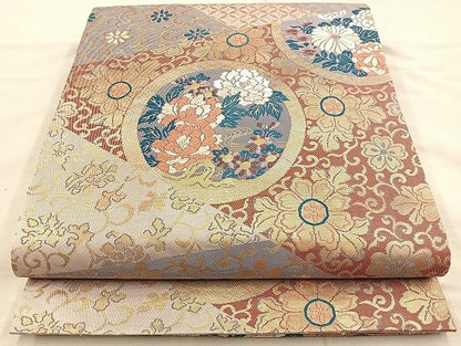 平和屋着物◎六通柄袋帯 唐織 切嵌花丸文 金糸 逸品 BAAK6101cm