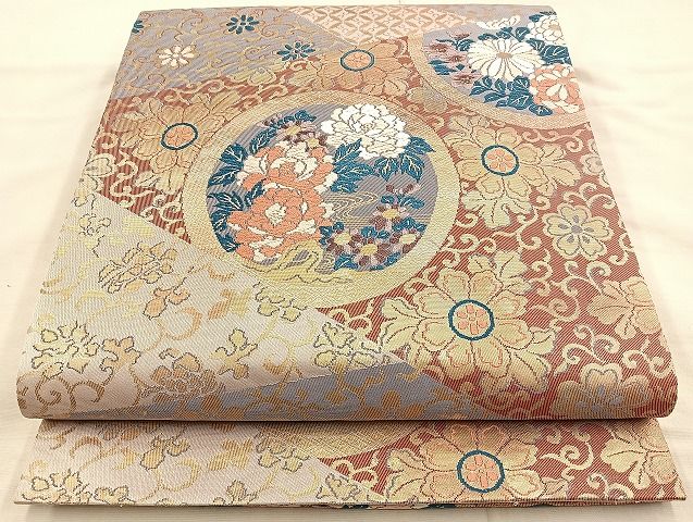 平和屋着物◎六通柄袋帯 唐織 切嵌花丸文 金糸 逸品 BAAK6101cm