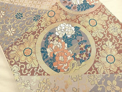 平和屋着物◎六通柄袋帯 唐織 切嵌花丸文 金糸 逸品 BAAK6101cm
