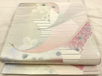 平和屋着物◎六通柄袋帯 唐織 飛鶴花文 銀糸 逸品 BAAK6103cm