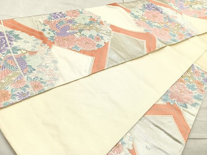 平和屋着物◎六通柄袋帯 唐織 孔雀花丸文 金糸 逸品 BAAK6116cm