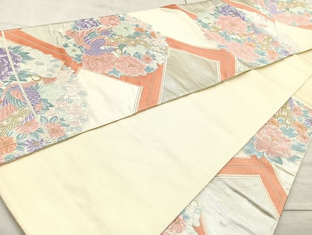 平和屋着物◎六通柄袋帯 唐織 孔雀花丸文 金糸 逸品 BAAK6116cm