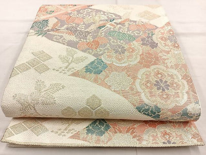 平和屋着物◎佐賀錦 六通柄袋帯 松喰鶴切嵌文様 金糸 逸品 BAAK6118cm