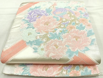 平和屋着物◎六通柄袋帯 唐織 孔雀花丸文 金糸 逸品 BAAK6116cm
