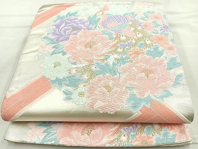 平和屋着物◎六通柄袋帯 唐織 孔雀花丸文 金糸 逸品 BAAK6116cm