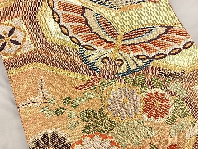 平和屋着物◎佐賀錦 六通柄袋帯 蜀甲蝶に花 金糸 逸品 BAAK6125cm