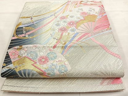 平和屋着物◎六通柄袋帯 唐織 扇面熨斗草花文 金銀糸 逸品 BAAK6129cm
