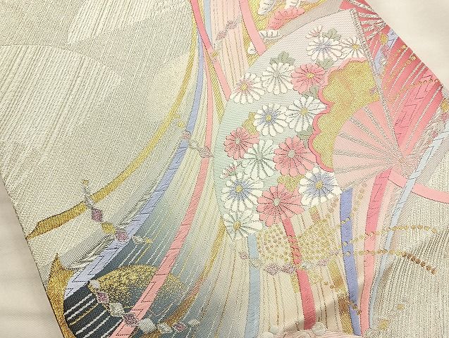 平和屋着物◎六通柄袋帯 唐織 扇面熨斗草花文 金銀糸 逸品 BAAK6129cm