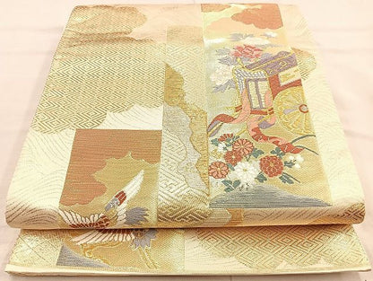 平和屋着物◎六通柄袋帯 唐織 短冊吉祥文 金糸 逸品 BAAK6138cm