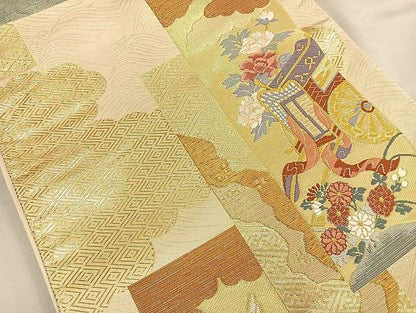 平和屋着物◎六通柄袋帯 唐織 短冊吉祥文 金糸 逸品 BAAK6138cm