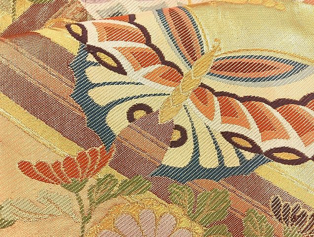 平和屋着物◎佐賀錦 六通柄袋帯 蜀甲蝶に花 金糸 逸品 BAAK6125cm