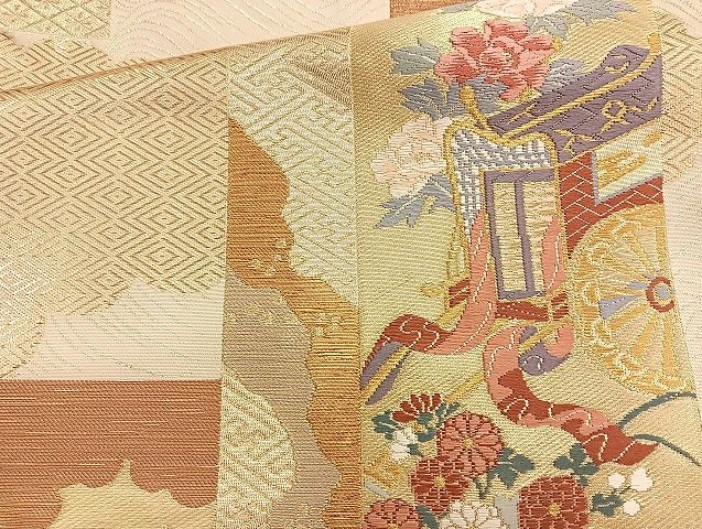 平和屋着物◎六通柄袋帯 唐織 短冊吉祥文 金糸 逸品 BAAK6138cm