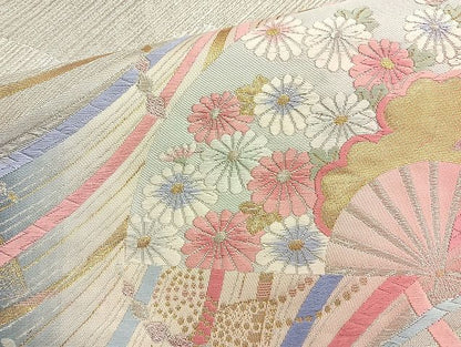 平和屋着物◎六通柄袋帯 唐織 扇面熨斗草花文 金銀糸 逸品 BAAK6129cm
