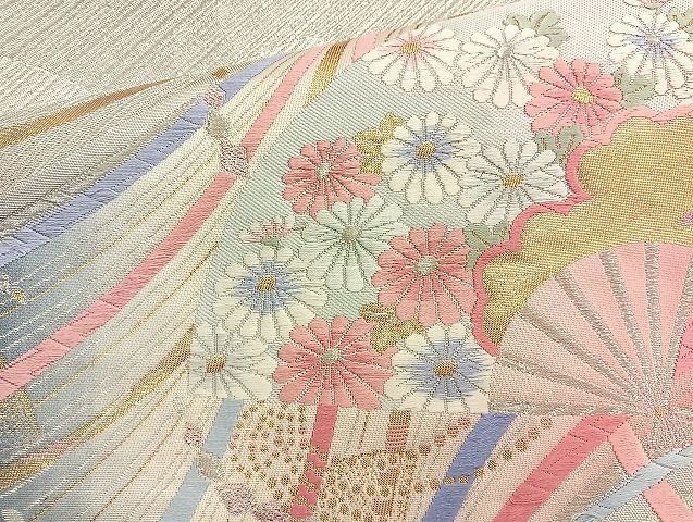 平和屋着物◎六通柄袋帯 唐織 扇面熨斗草花文 金銀糸 逸品 BAAK6129cm