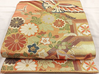 平和屋着物◎佐賀錦 六通柄袋帯 蜀甲蝶に花 金糸 逸品 BAAK6125cm