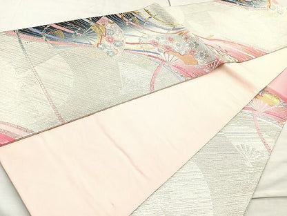 平和屋着物◎六通柄袋帯 唐織 扇面熨斗草花文 金銀糸 逸品 BAAK6129cm