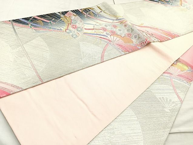 平和屋着物◎六通柄袋帯 唐織 扇面熨斗草花文 金銀糸 逸品 BAAK6129cm