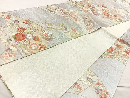 平和屋着物◎銀彩佐賀錦 六通柄袋帯 唐織 立波花蝶文 金銀糸 逸品 BAAK6140cm