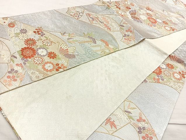 平和屋着物◎銀彩佐賀錦 六通柄袋帯 唐織 立波花蝶文 金銀糸 逸品 BAAK6140cm