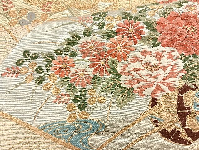 平和屋着物◎六通柄袋帯 唐織 扇面花車文 金銀糸 逸品 BAAK6151cm