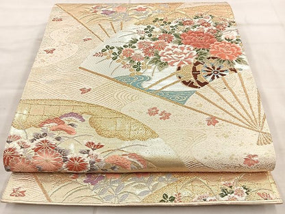 平和屋着物◎六通柄袋帯 唐織 扇面花車文 金銀糸 逸品 BAAK6151cm