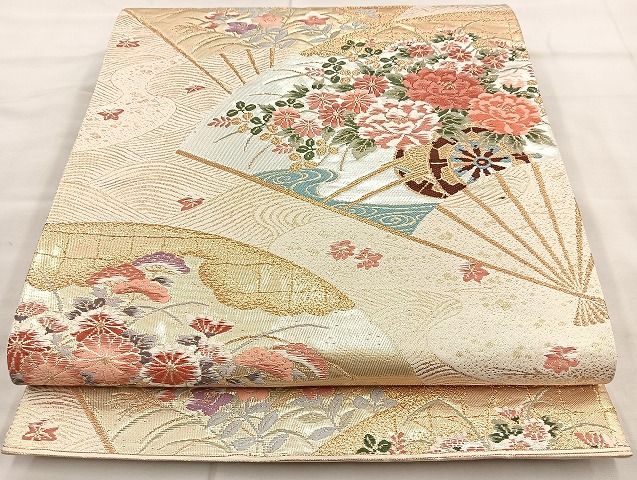 平和屋着物◎六通柄袋帯 唐織 扇面花車文 金銀糸 逸品 BAAK6151cm