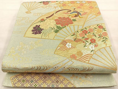 平和屋着物◎六通柄袋帯 唐織織成 鳳凰扇面花文 金銀糸 逸品 BAAK6145cm