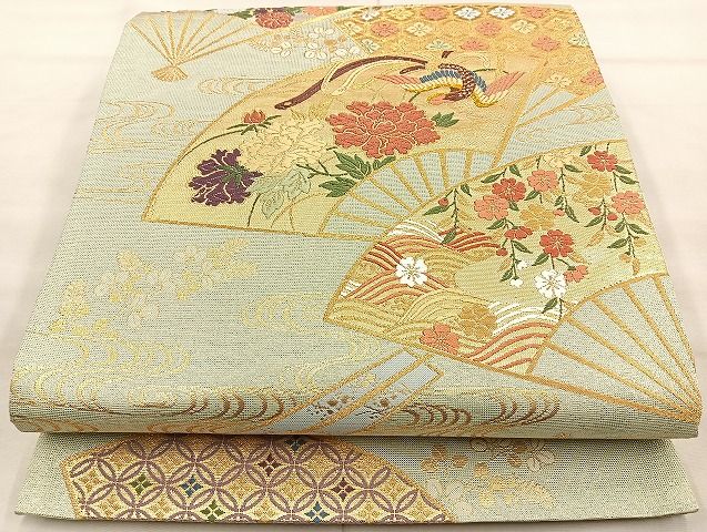 平和屋着物◎六通柄袋帯 唐織織成 鳳凰扇面花文 金銀糸 逸品 BAAK6145cm