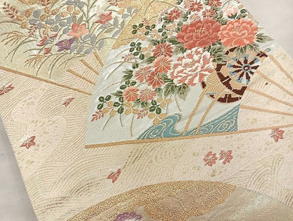 平和屋着物◎六通柄袋帯 唐織 扇面花車文 金銀糸 逸品 BAAK6151cm