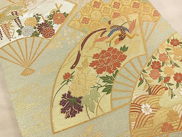 平和屋着物◎六通柄袋帯 唐織織成 鳳凰扇面花文 金銀糸 逸品 BAAK6145cm