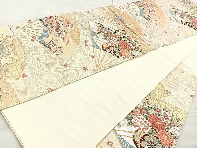 平和屋着物◎六通柄袋帯 唐織 扇面花車文 金銀糸 逸品 BAAK6151cm