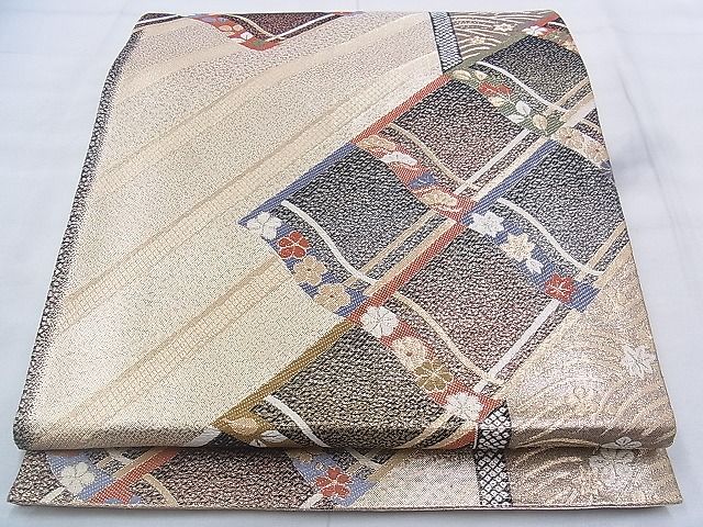 平和屋着物◎佐賀錦　六通柄袋帯　瓦取草花文　金糸　逸品　BAAK0418if