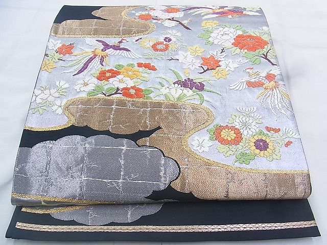 平和屋着物◎六通柄袋帯 唐織 鳳凰流水花文 黒地 金銀糸 逸品 BAAK0436if