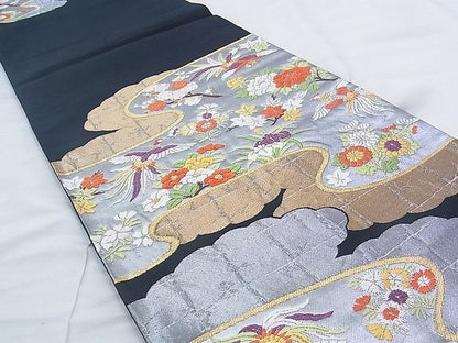 平和屋着物◎六通柄袋帯 唐織 鳳凰流水花文 黒地 金銀糸 逸品 BAAK0436if