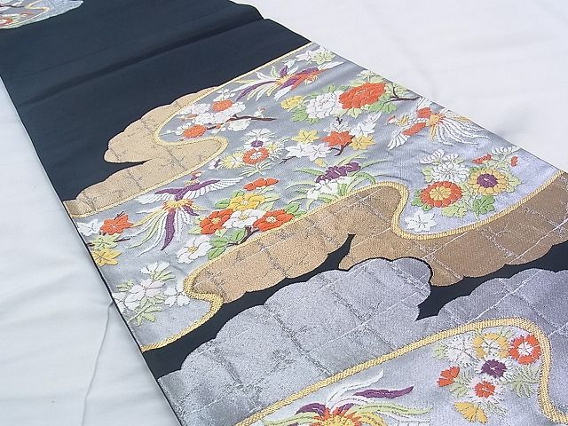 平和屋着物◎六通柄袋帯 唐織 鳳凰流水花文 黒地 金銀糸 逸品 BAAK0436if