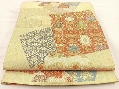 平和屋着物◎佐賀錦 六通柄袋帯 唐織 名物裂色紙散らし 金糸 逸品 BAAK0445if