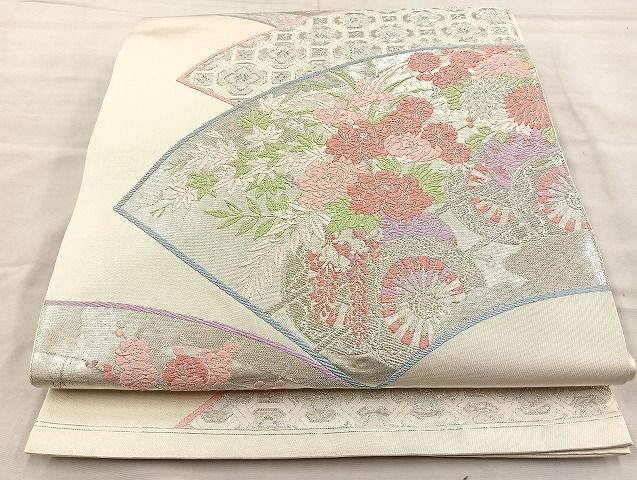 平和屋着物◎六通柄袋帯 唐織 地紙花車文 銀糸 逸品 BAAK3521if